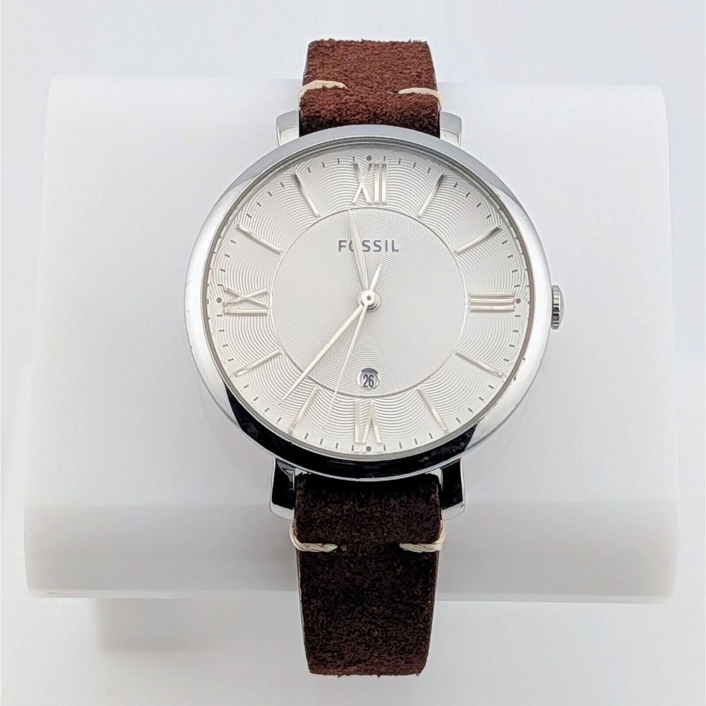 Fossil Jacqueline ES3708 Silver Textured Dial Brown Suede Women's Watch 36mm